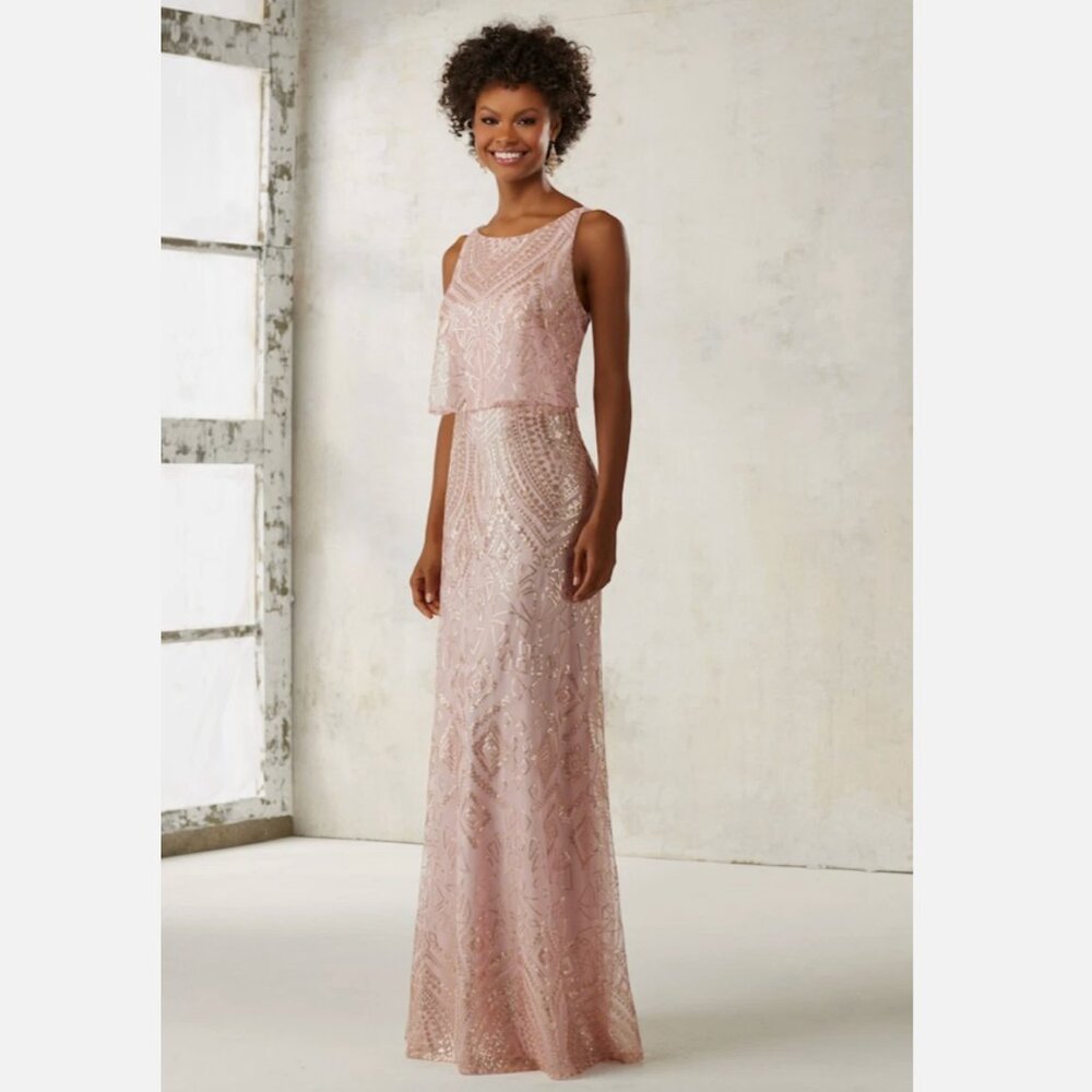 MORILEE Blush Sequin Mesh Bridesmaid Dress Sz 12 Wedding Formal Party $199 21514